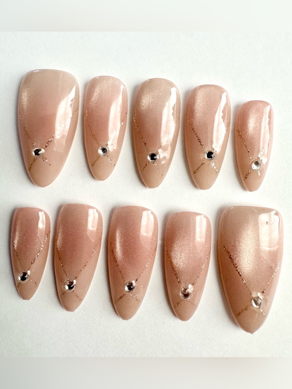 Nude Pink Cateye Press-On Nails with Rhinestone Accents